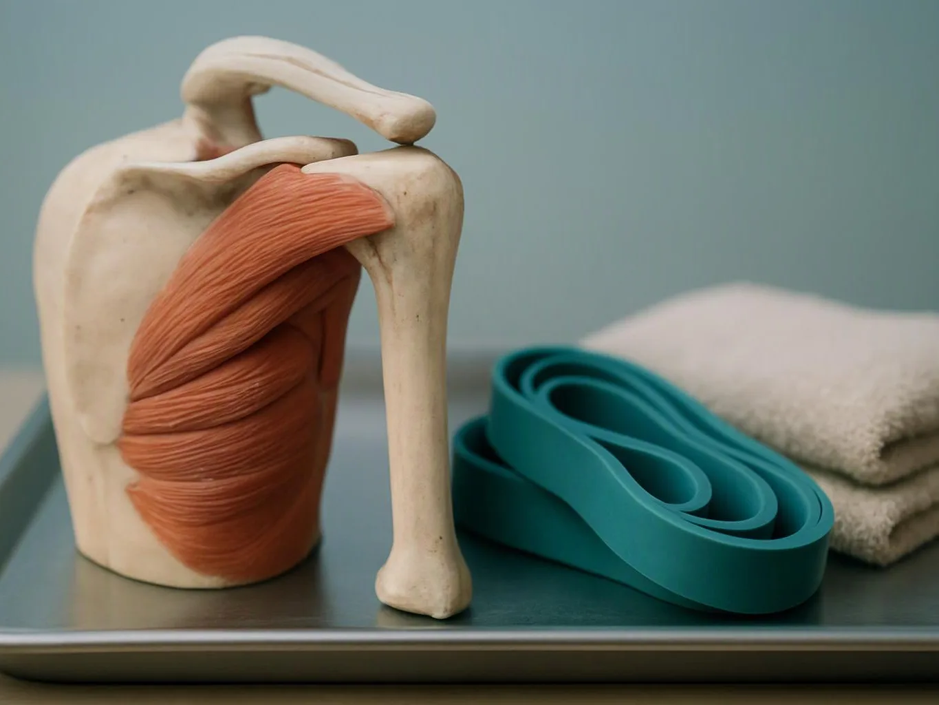 An anatomical shoulder model sits beside a rolled teal exercise band and folded towel on a tray
