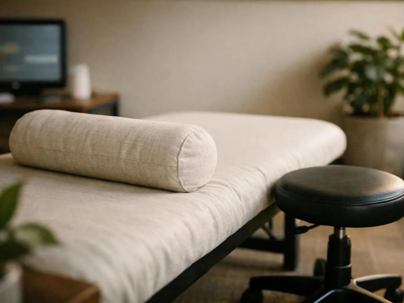 A beige massage table with a bolster sits beside a black stool in a quiet room