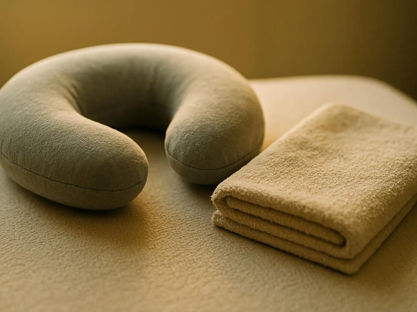 A beige neck pillow and folded towel rest on a soft bed in warm light
