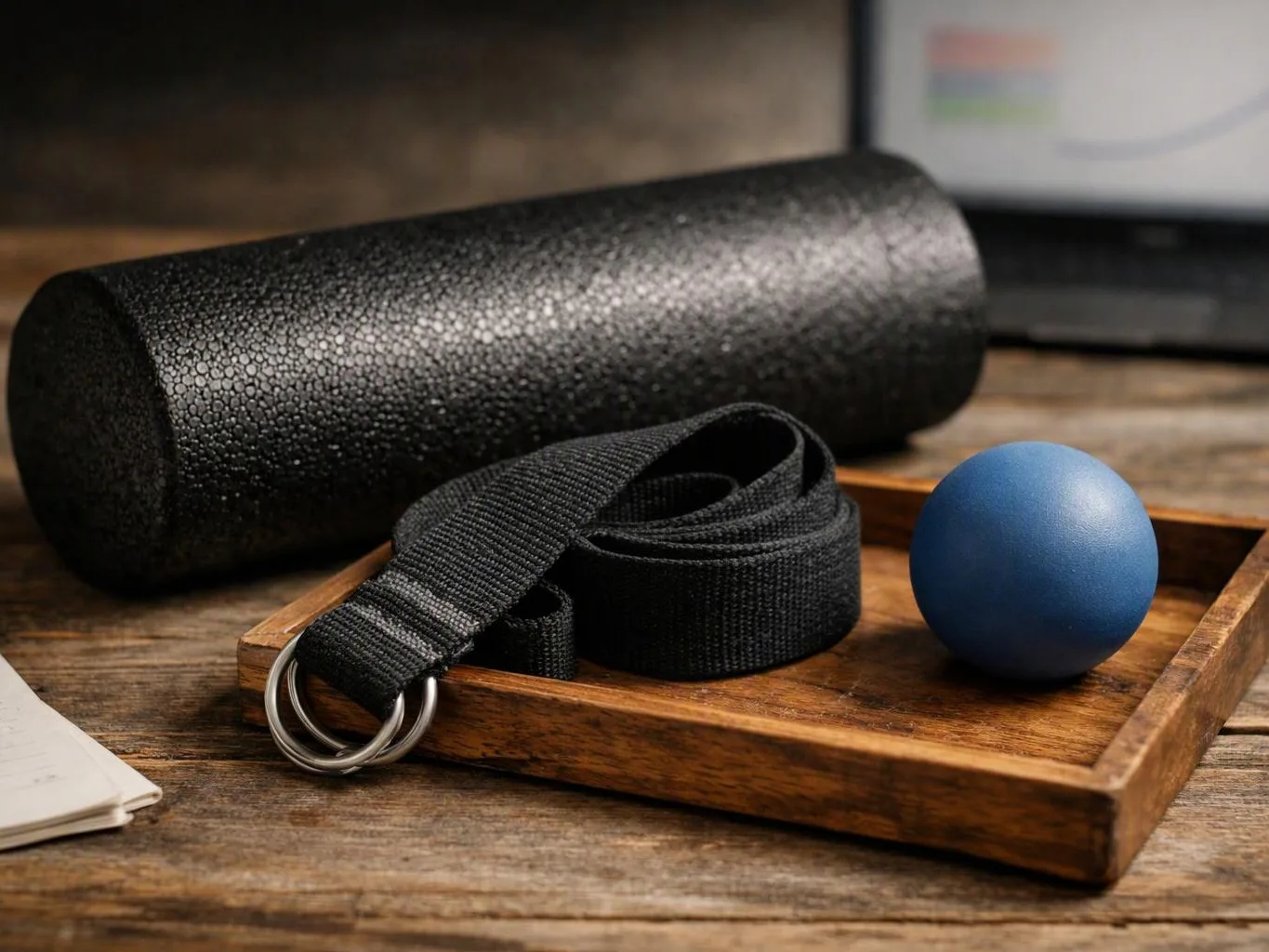A black foam roller, rolled strap, and blue ball sit on a wooden tray on a rustic table