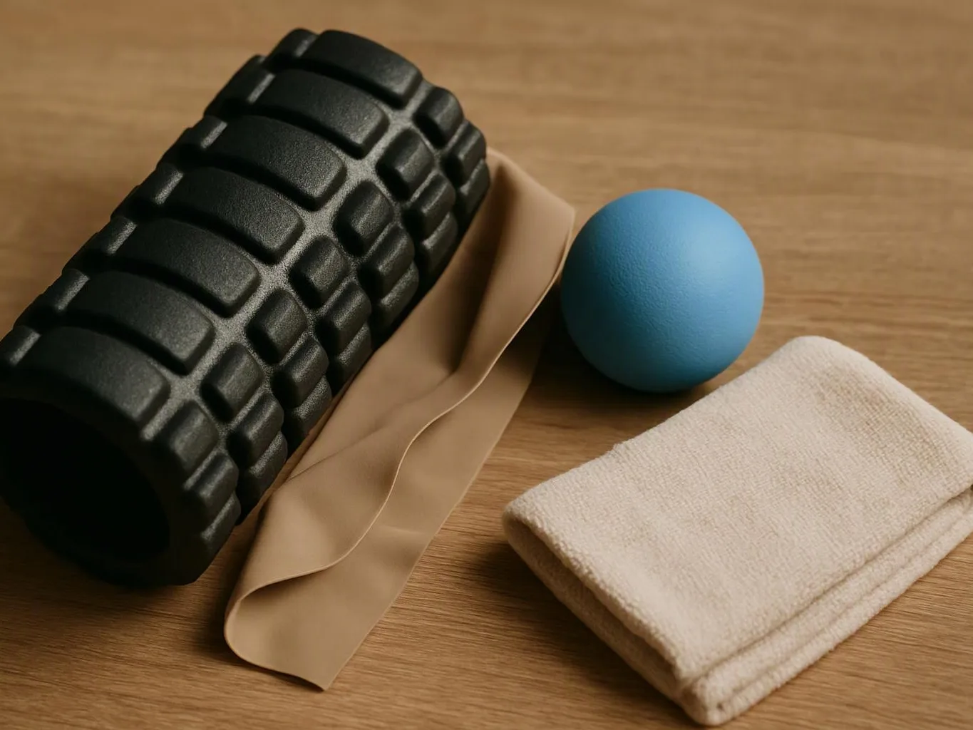A black foam roller, tan resistance band, blue massage ball, and folded white towel rest on a wooden surface