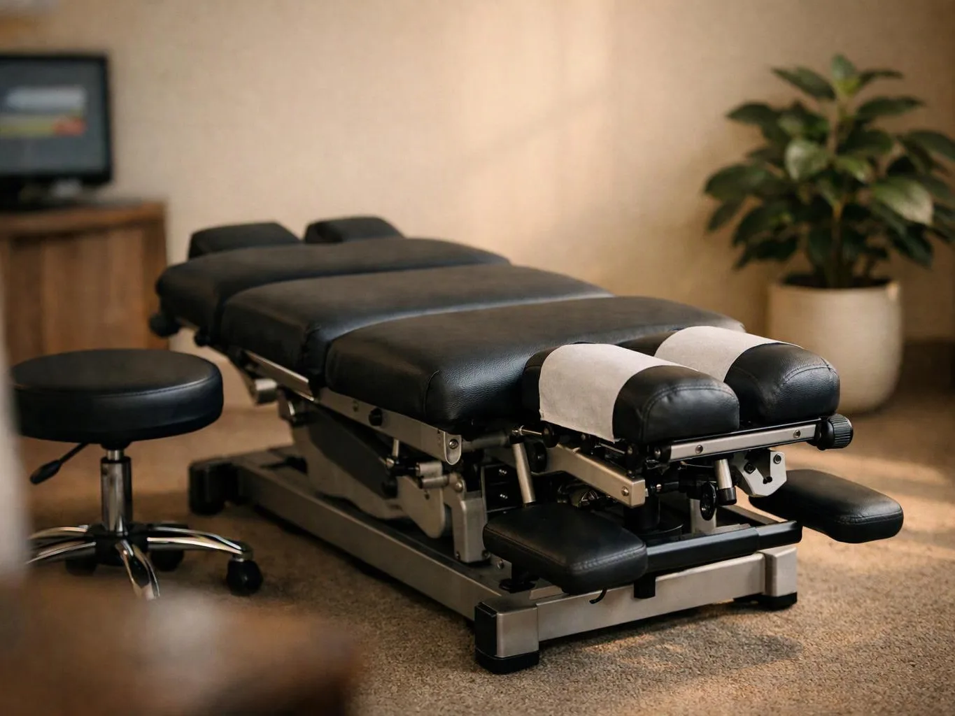 A black padded treatment table with adjustable leg supports sits in a calm room beside a stool and plant