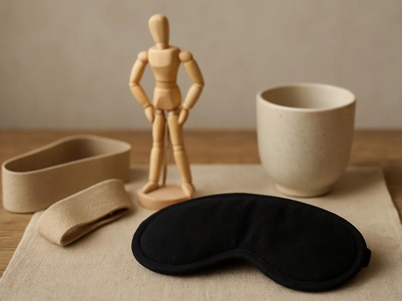 A black sleep mask rests on a beige cloth beside a wooden mannequin and a cream cup on a table