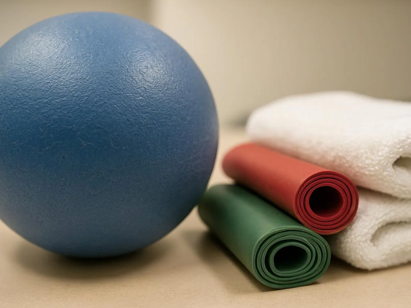 A blue exercise ball sits beside rolled red and green mats and folded white towels on a table