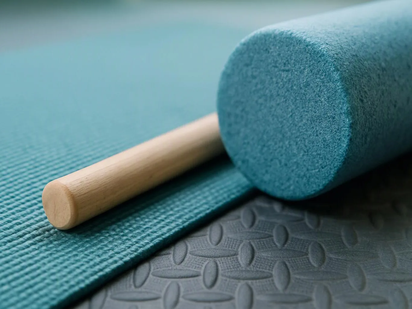 A blue foam roller rests on a wooden handle over a teal exercise mat and textured floor mat