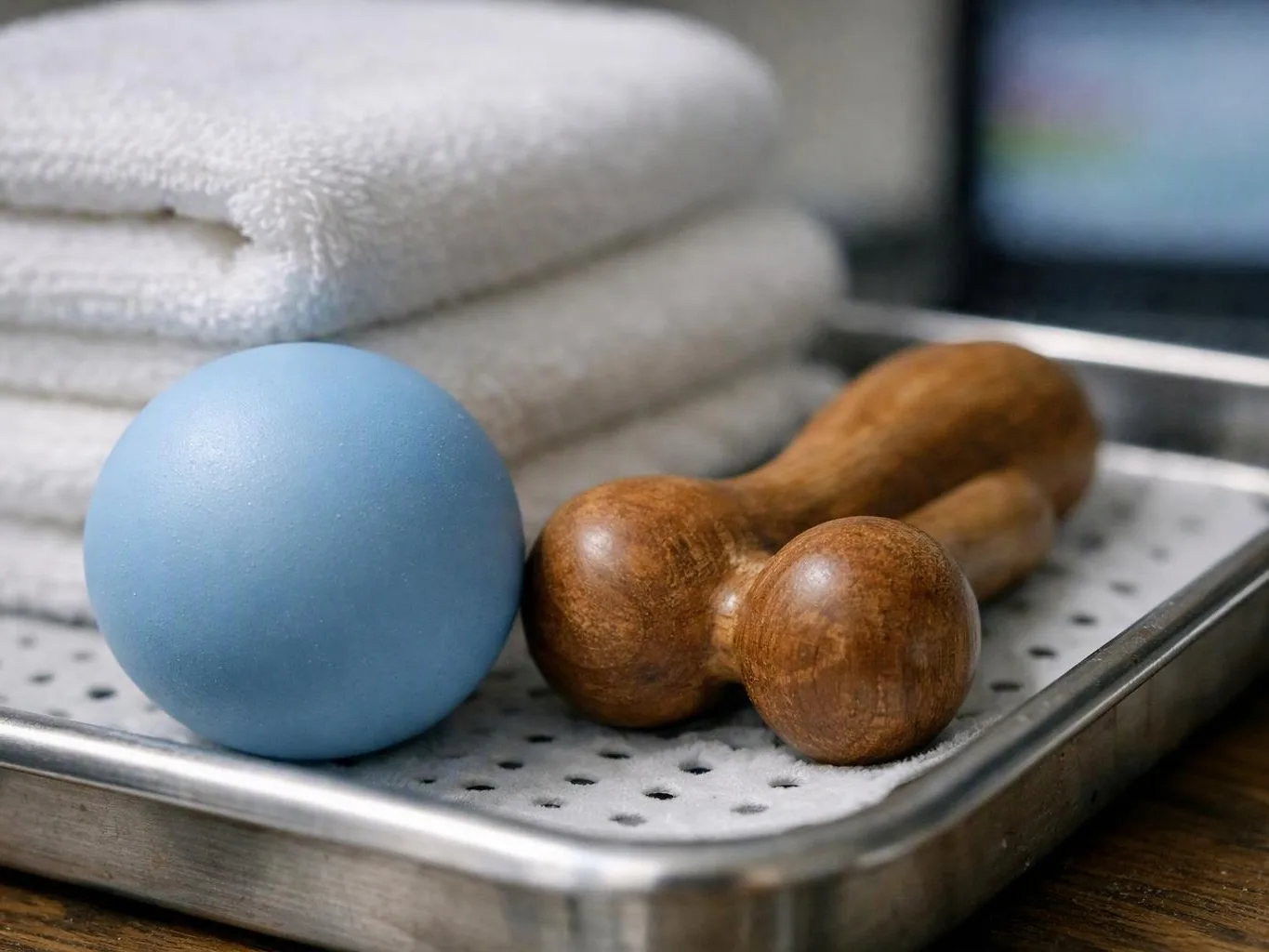 A blue massage ball and a wooden double-ended roller rest on a metal tray beside folded white towels