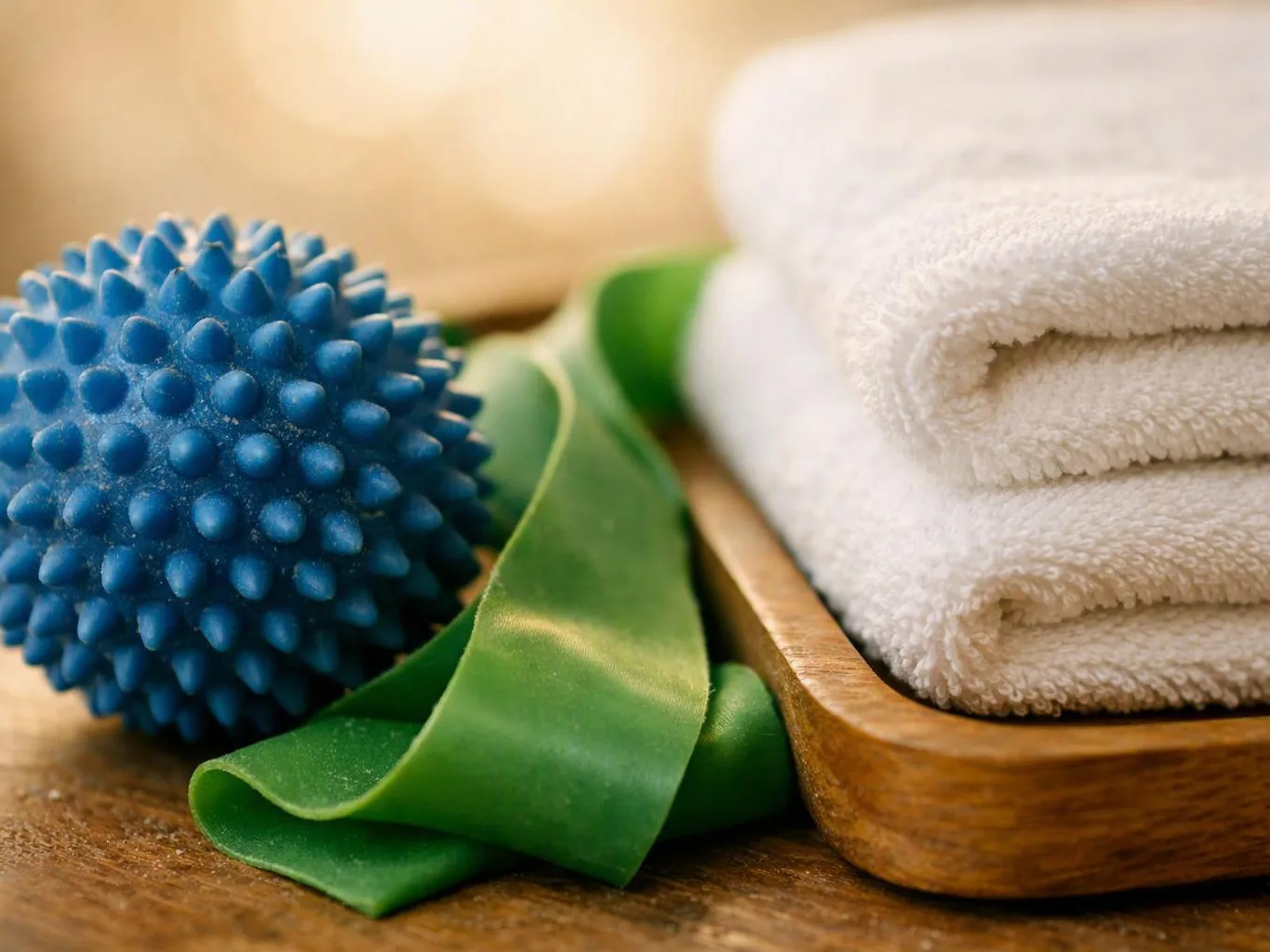 A blue spiky massage ball, a green resistance band, and folded white towels rest on a wooden tray