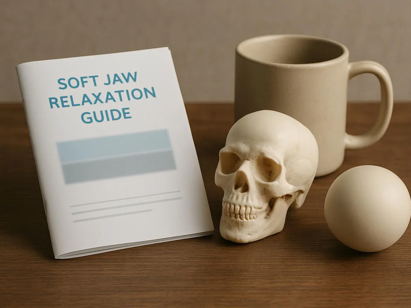A booklet titled “Soft Jaw Relaxation Guide” sits beside a skull, mug, and smooth white ball on a wooden table