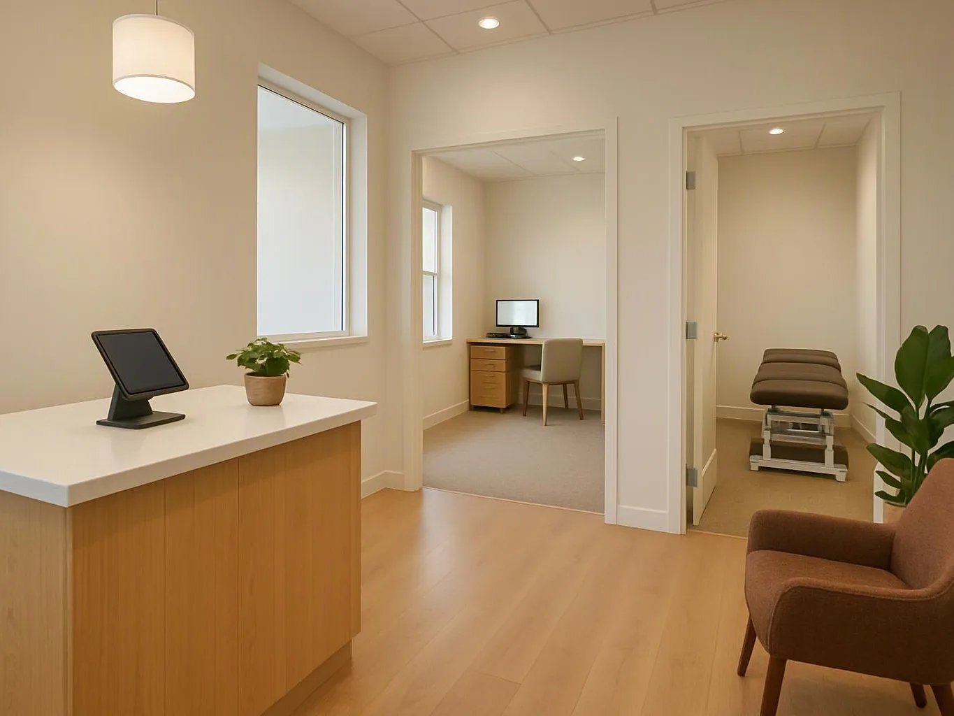 A bright waiting area shows a reception counter, two exam rooms, and a chair by a plant