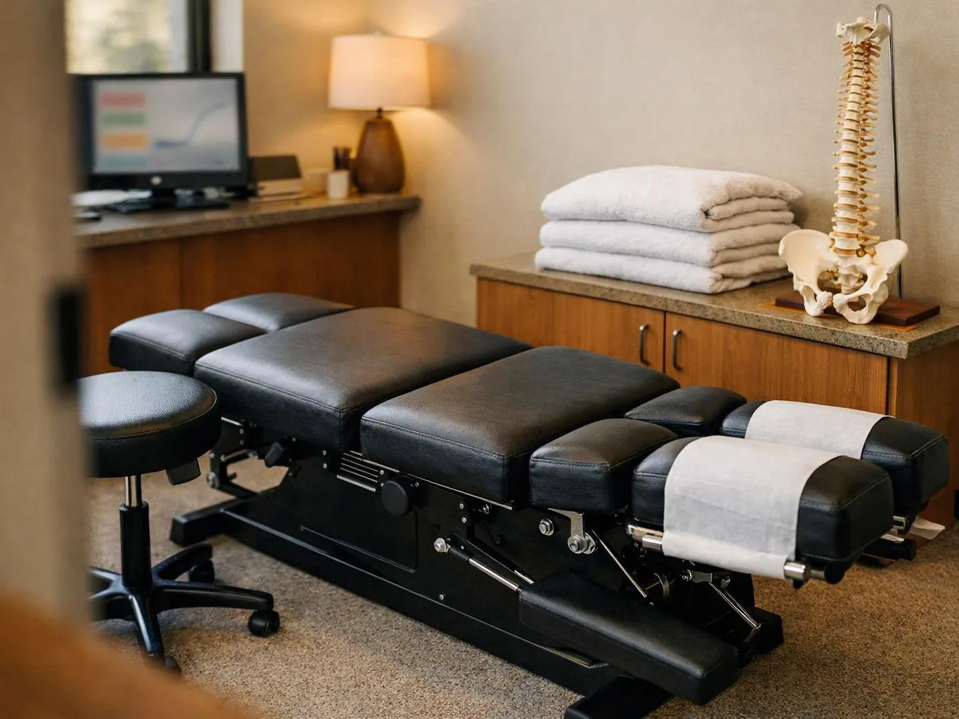 A chiropractic treatment table sits in a neat exam room beside a stool, towels, and a spine model