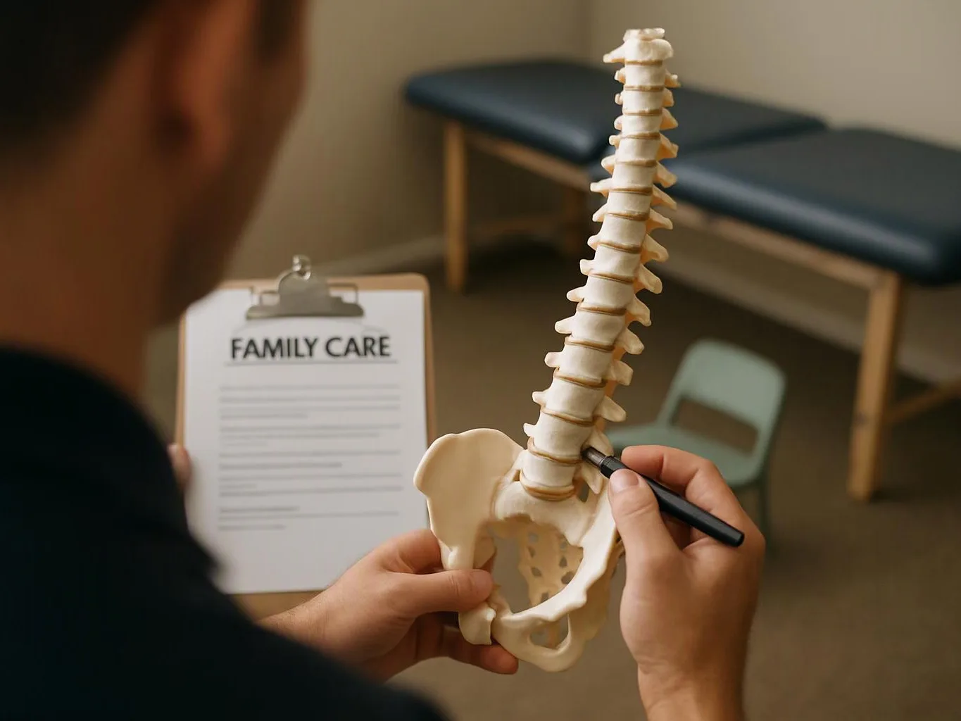 A clinician points at a spine model beside a clipboard labeled "FAMILY CARE" in an exam room