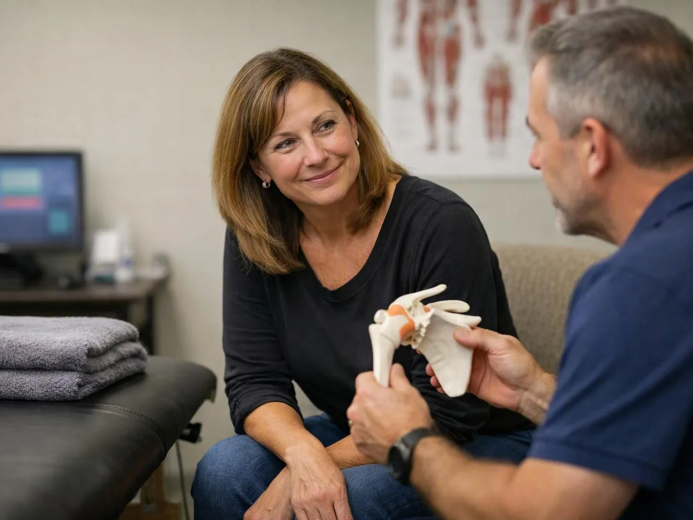 A clinician shows a woman a shoulder joint model while they talk in a medical exam room