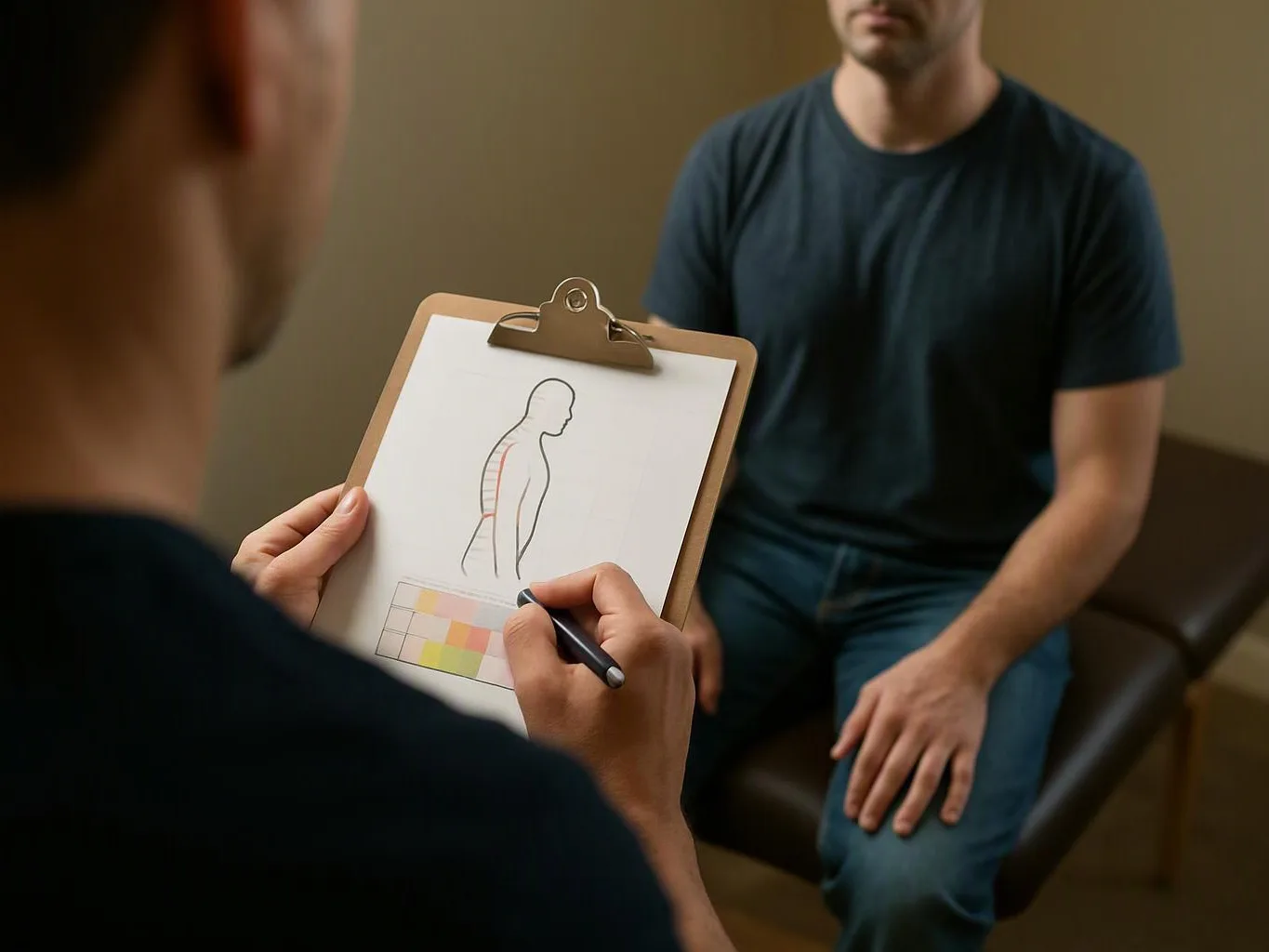 A clinician sketches a spine on a clipboard while a seated man waits nearby in a small exam room