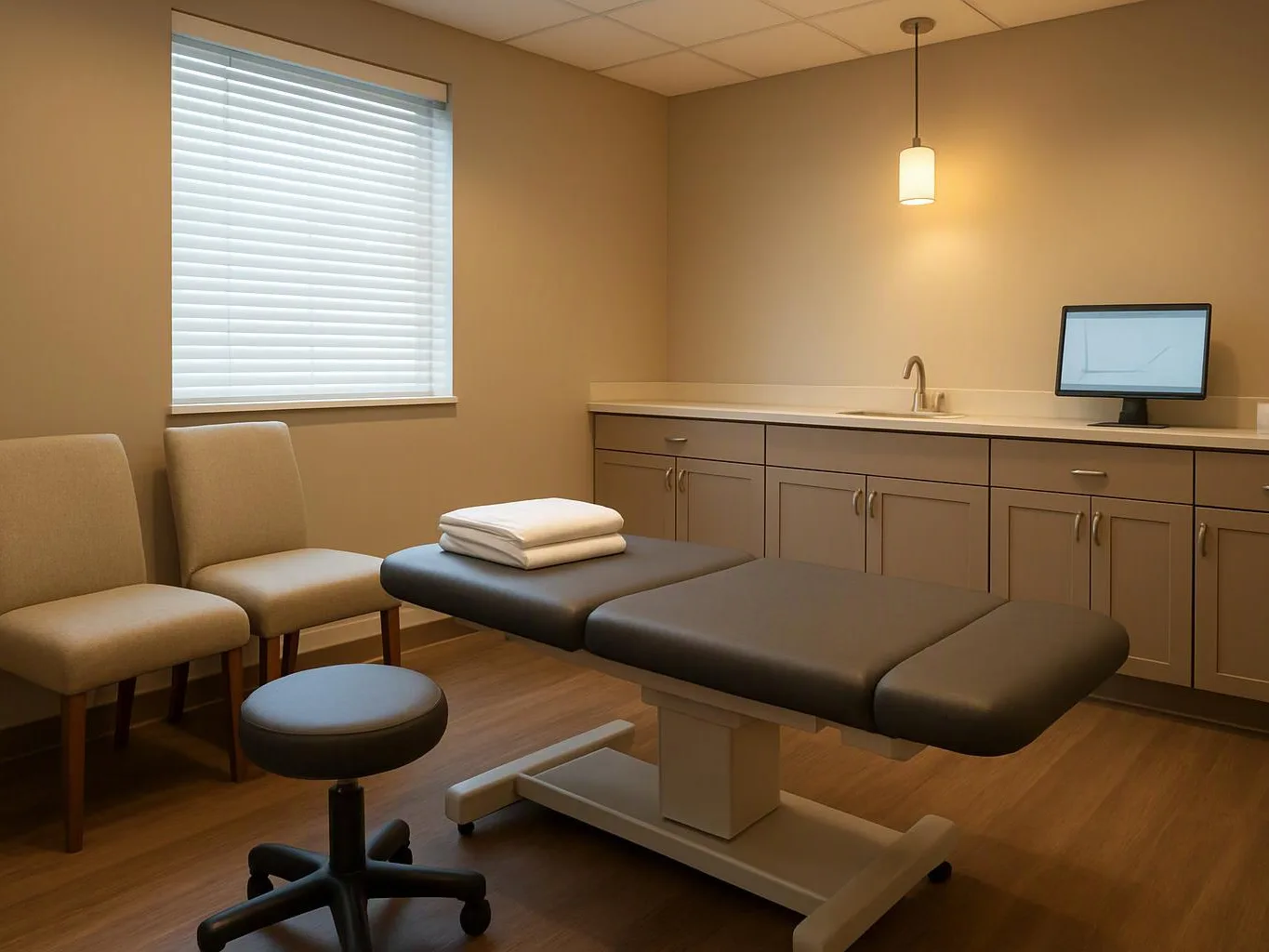 An empty exam room has a treatment table, chairs, cabinets, a sink, and a computer monitor