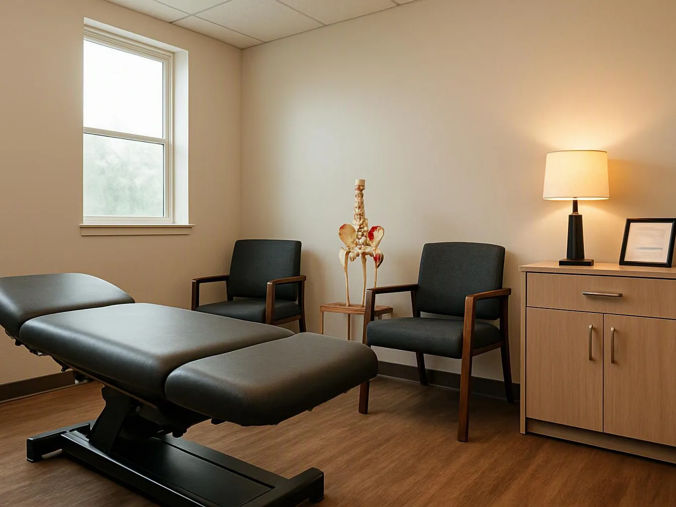 An empty exam room holds a treatment table, two chairs, a lamp, and a spine model