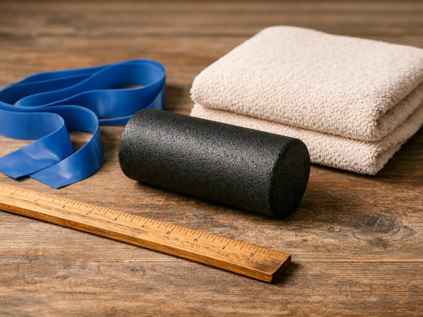 Fitness gear and towels sit on a wooden table with a ruler in front