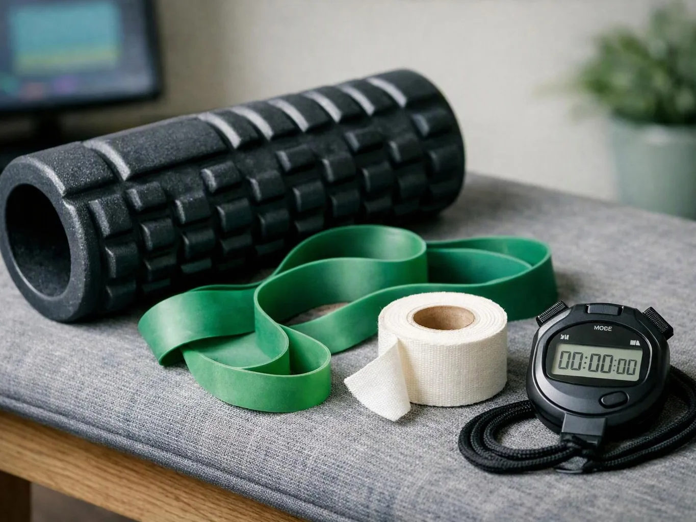 Foam roller, resistance bands, athletic tape, and a digital stopwatch rest on a workout bench