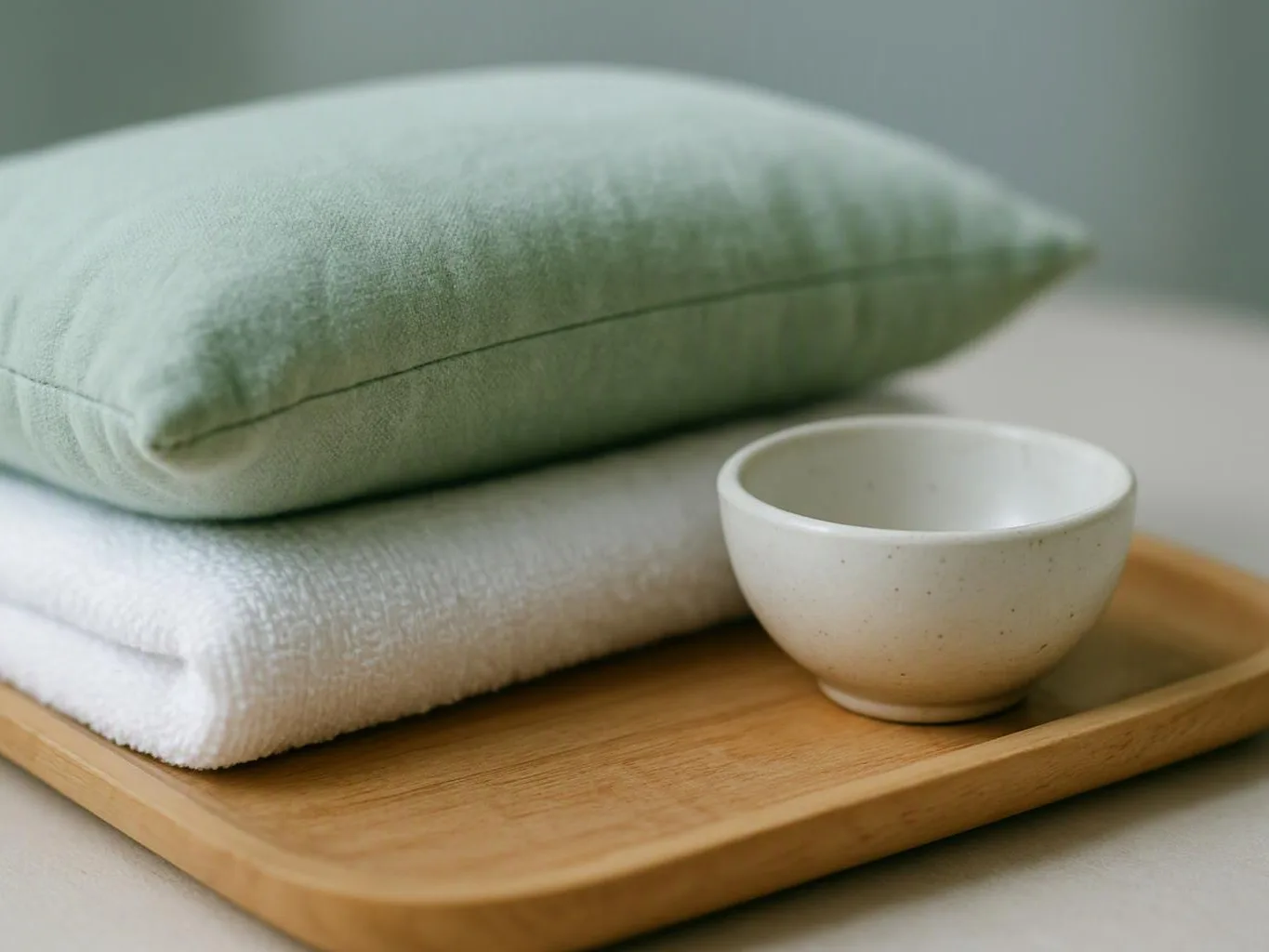 A folded green cushion and white towel sit on a wooden tray beside a small ceramic bowl