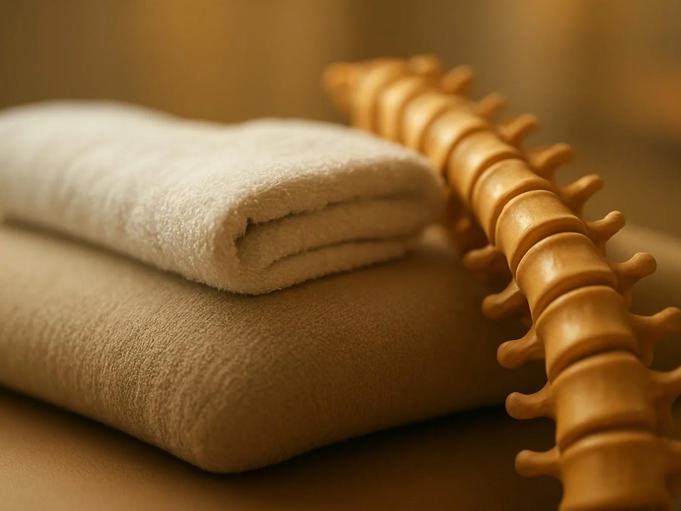 A folded white towel rests on a beige cushion beside a wooden spine-shaped massage tool