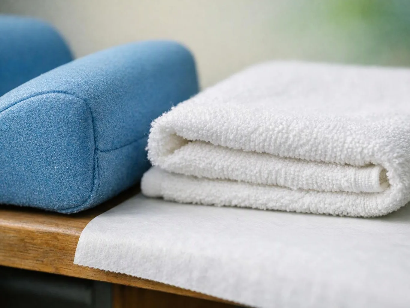 Folded white towels and a blue cushion rest on a wooden shelf in soft light