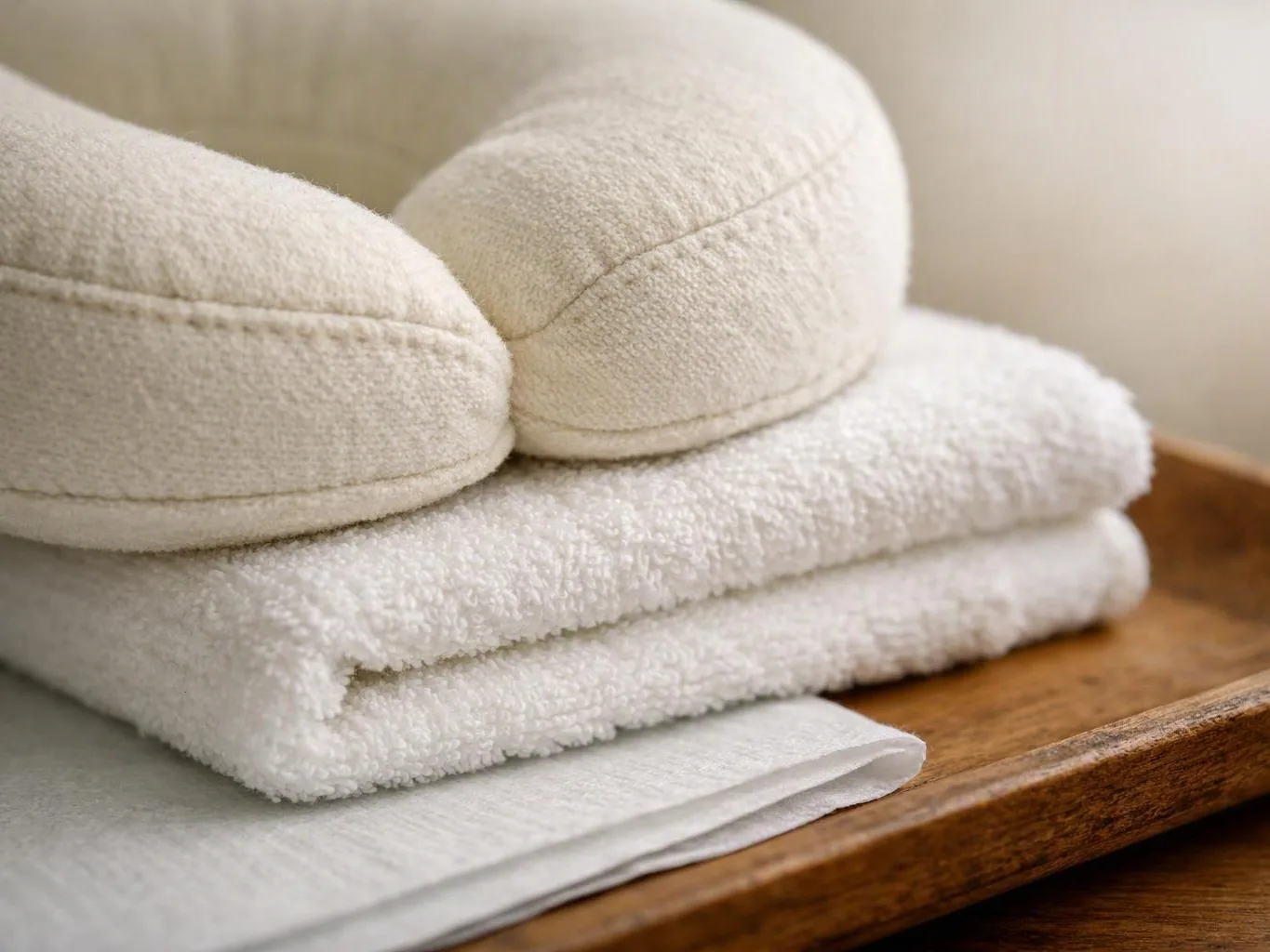 Folded white towels and a cushioned cream blanket sit stacked on a wooden tray