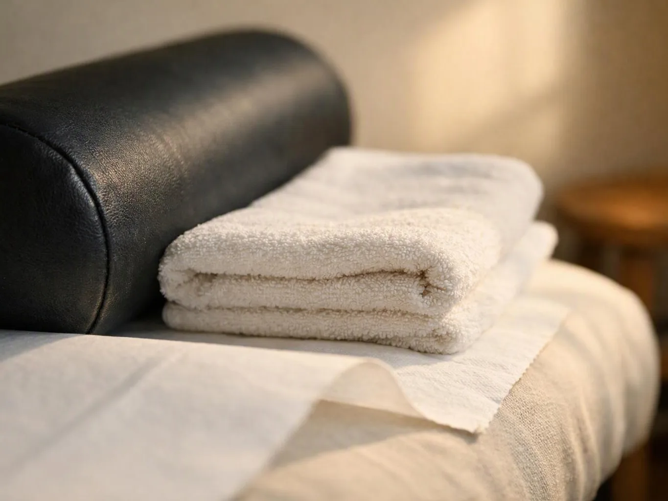 Folded white towels rest beside a black cushion on a neatly made massage table