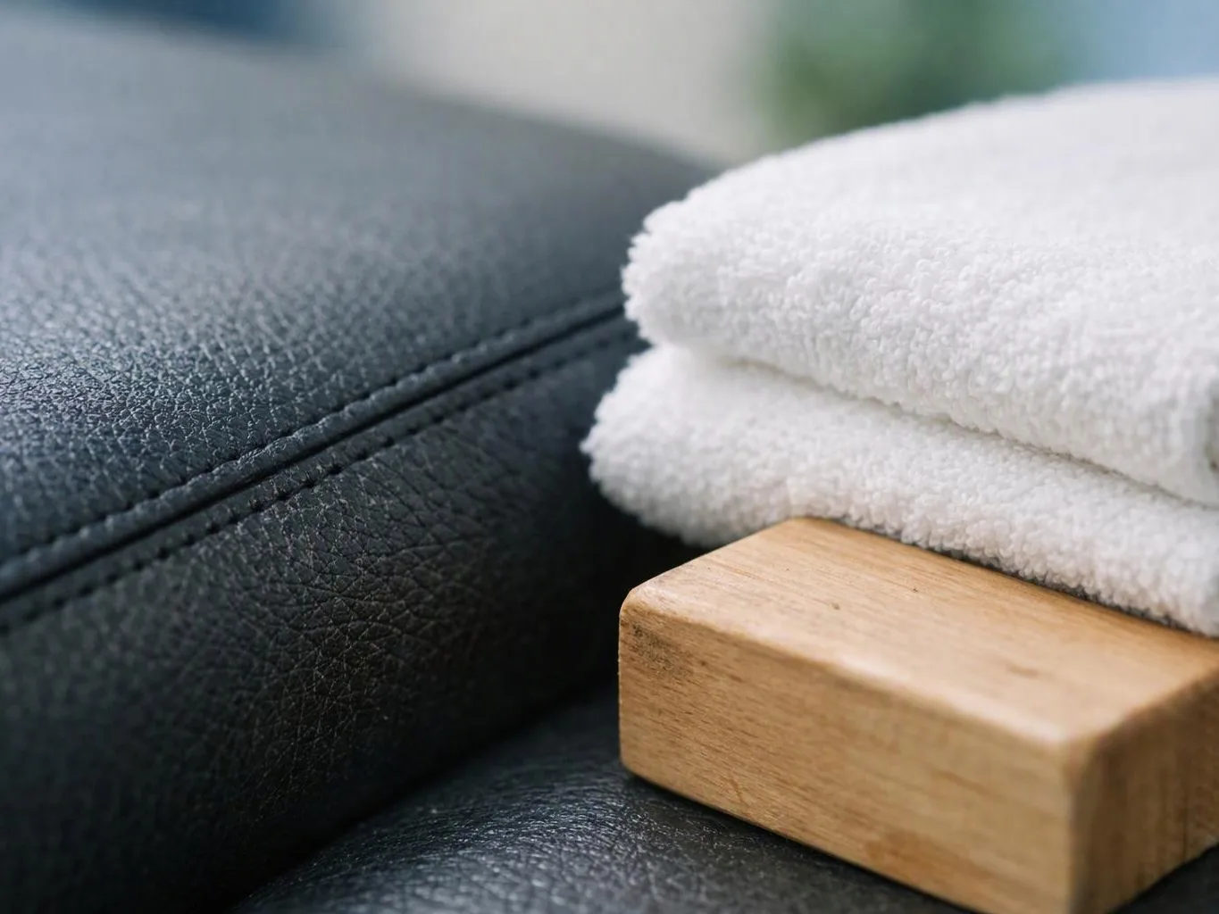 Folded white towels rest on a wooden block beside a black leather surface