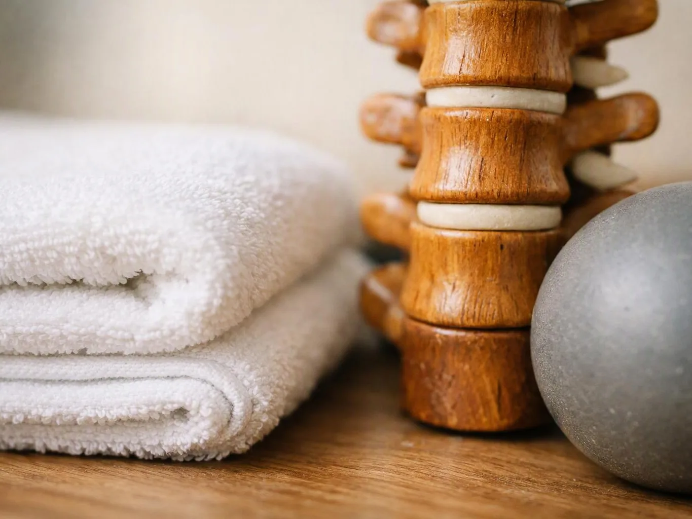 Folded white towels sit beside a wooden massage roller and a gray stone on a table