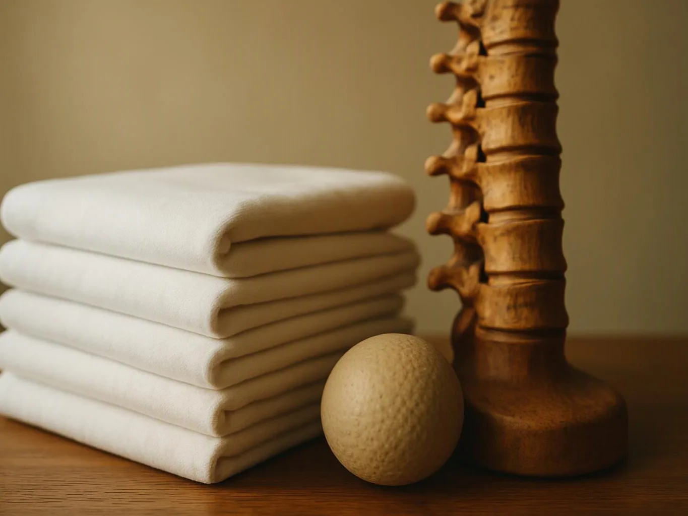 Folded white towels sit beside a wooden massage tool and a beige stone on a table
