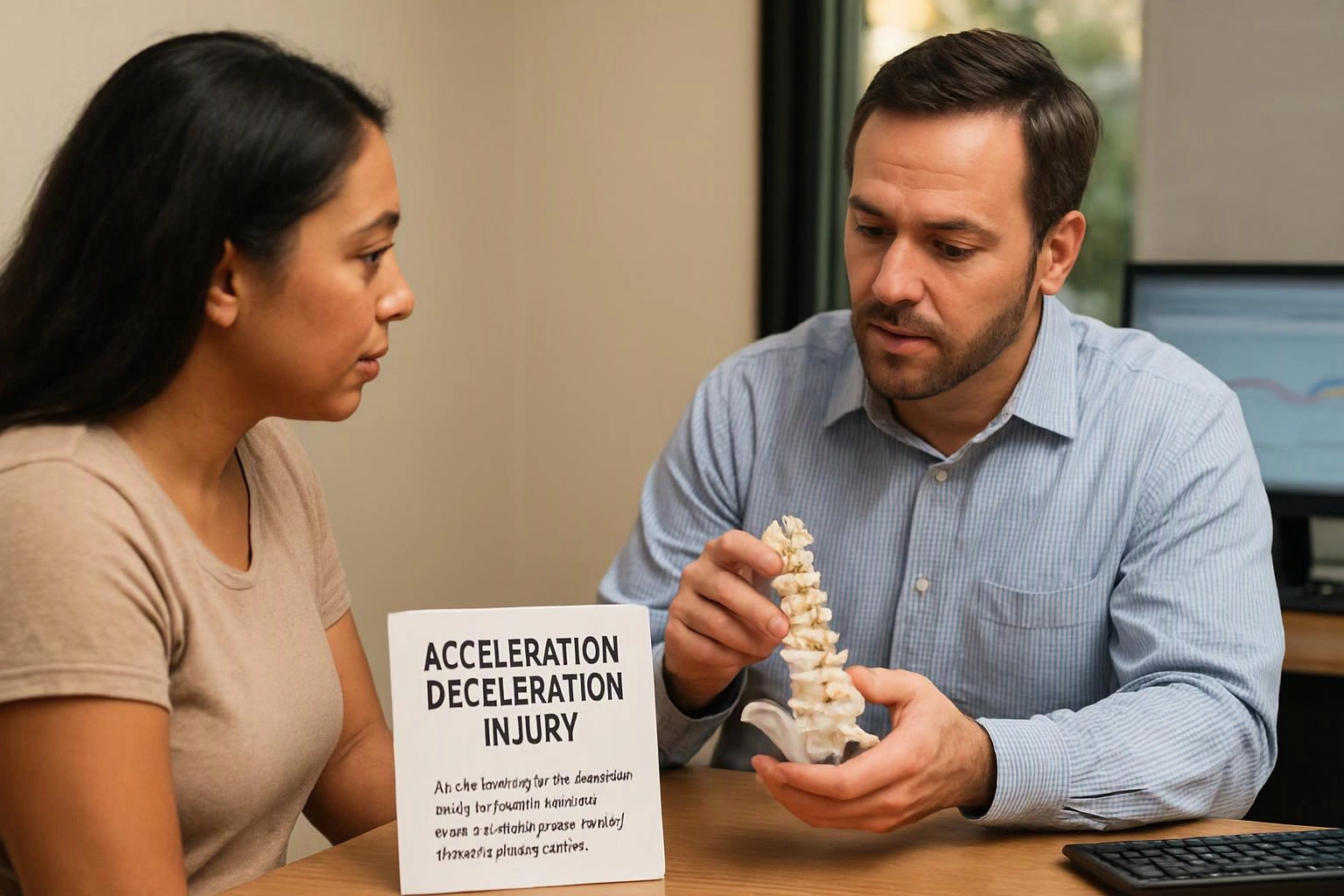Two people sit at a desk while a man points to a small spine model beside a card reading “ACCELERATION DECELERATION INJURY”