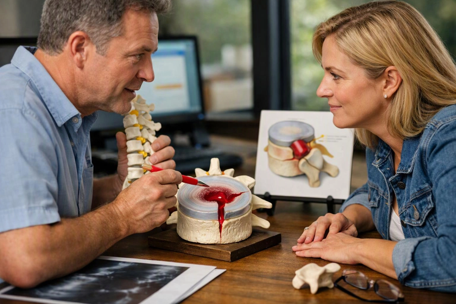 A man points at a spine model while talking to a woman across a desk in a bright office