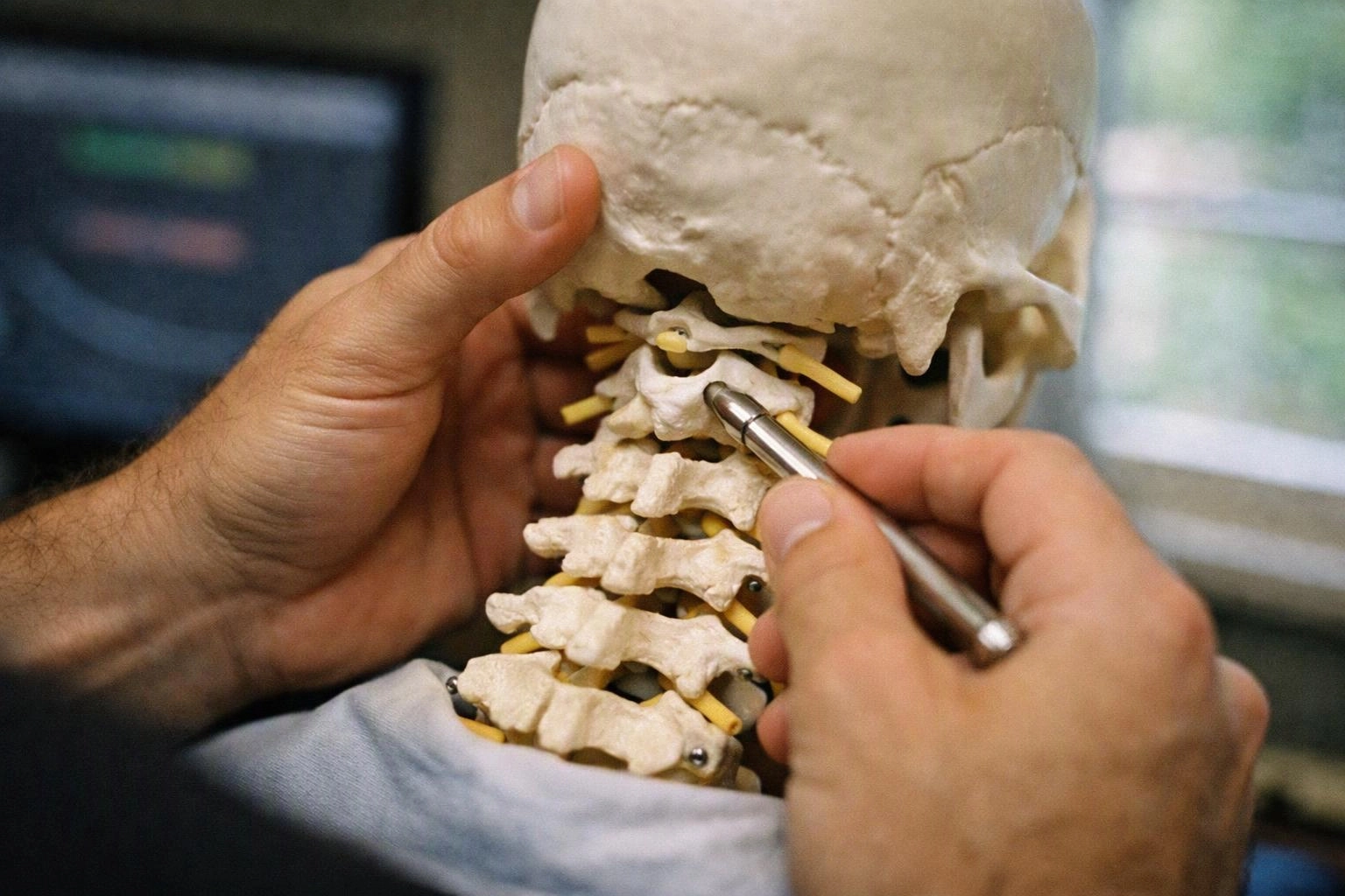 Hands use a metal tool to examine a plastic skull and neck model in a lab setting