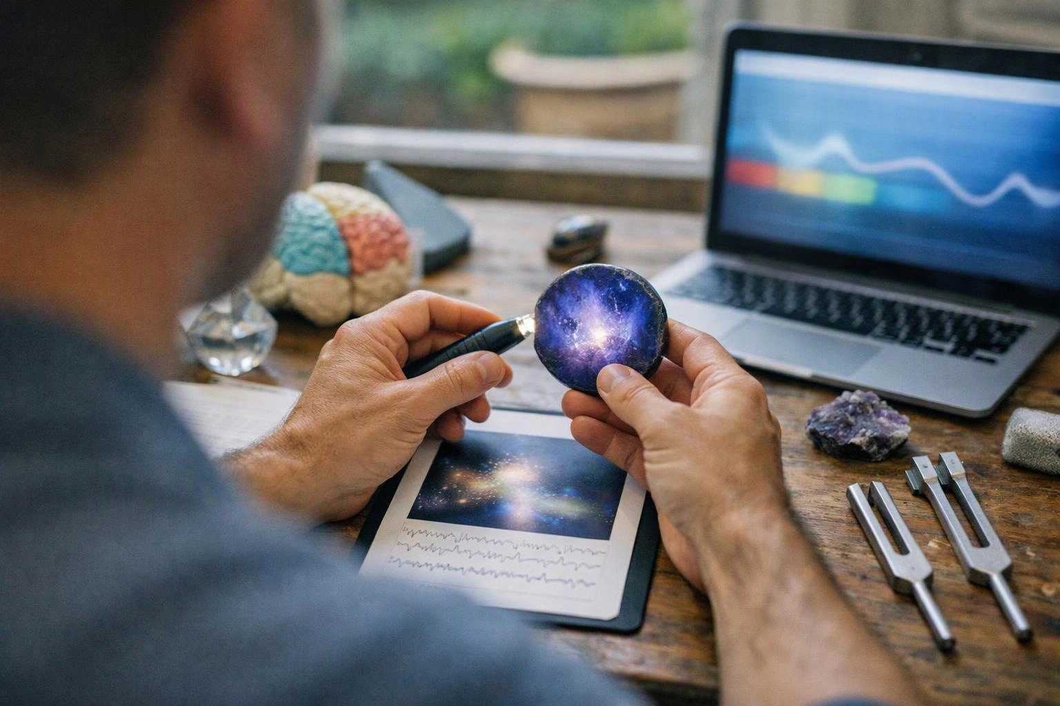 A person studies a galaxy image with a magnifier at a wooden desk beside a laptop