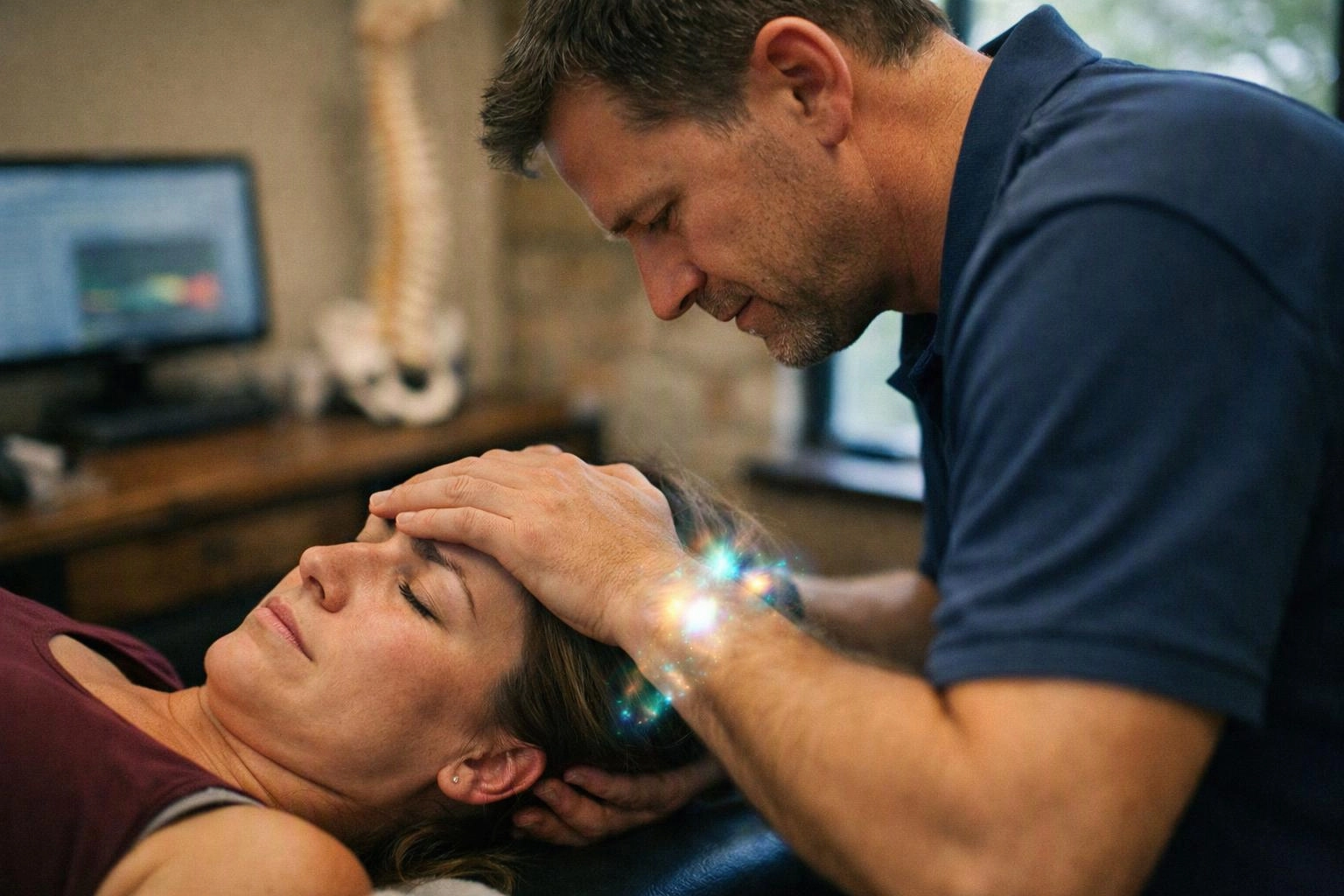 A man gently holds a woman’s head while she lies on a treatment table in an office room