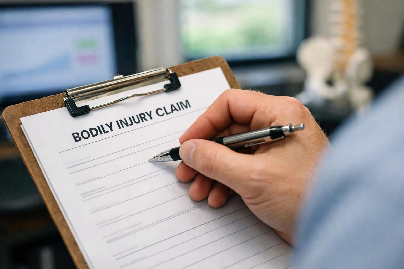A hand fills out a clipboard form titled "BODILY INJURY CLAIM" with a pen