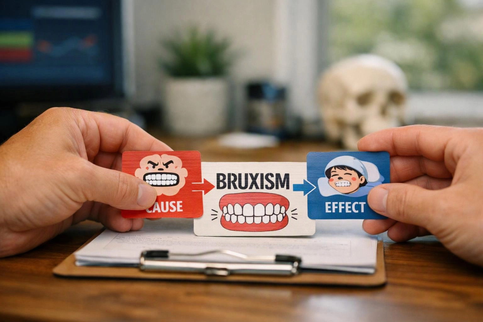 Hands hold three cards showing “CAUSE,” “BRUXISM,” and “EFFECT” above a clipboard on a desk