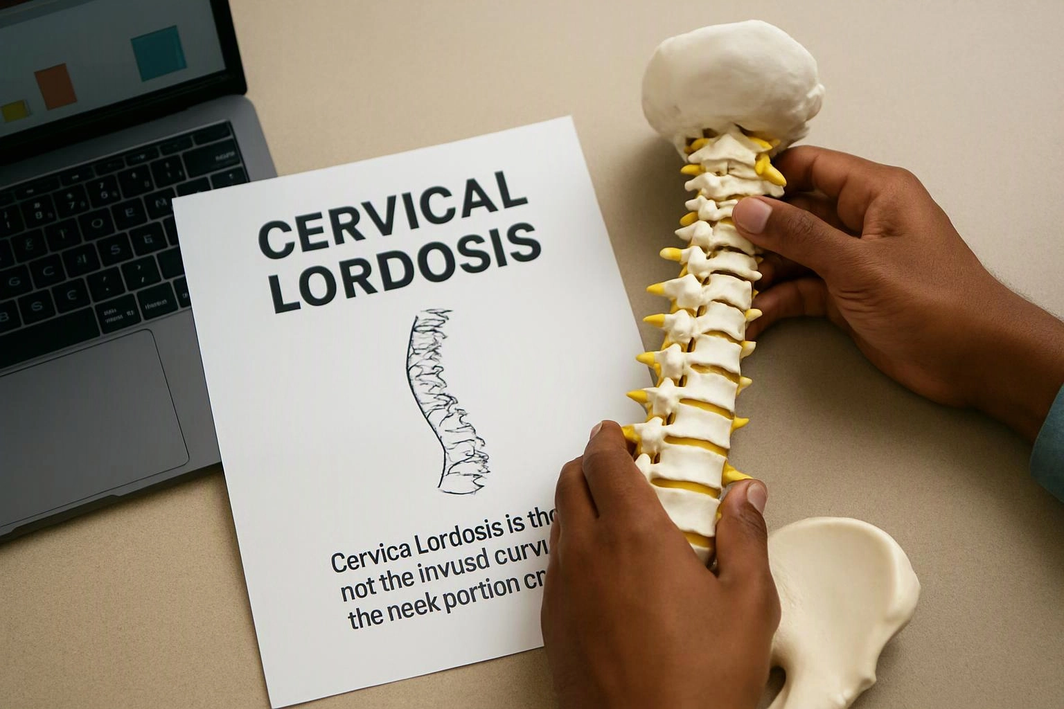 Hands hold a spine model beside a laptop and a paper labeled “CERVICAL LORDOSIS” on a desk