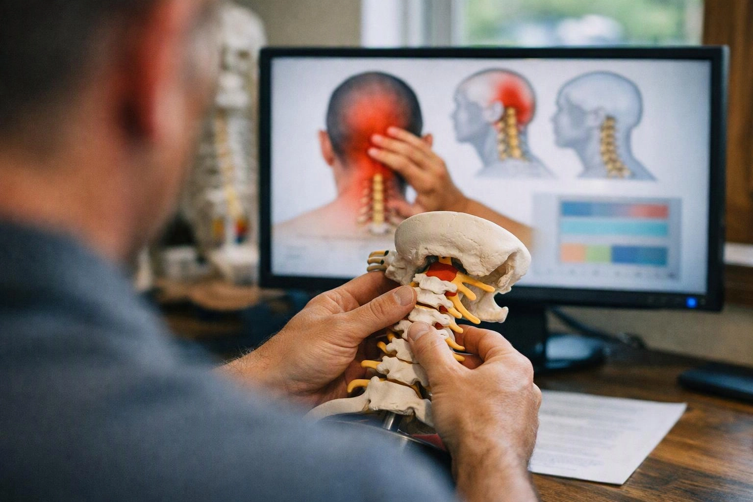 A person holds a neck spine model while viewing medical neck diagrams on a computer screen