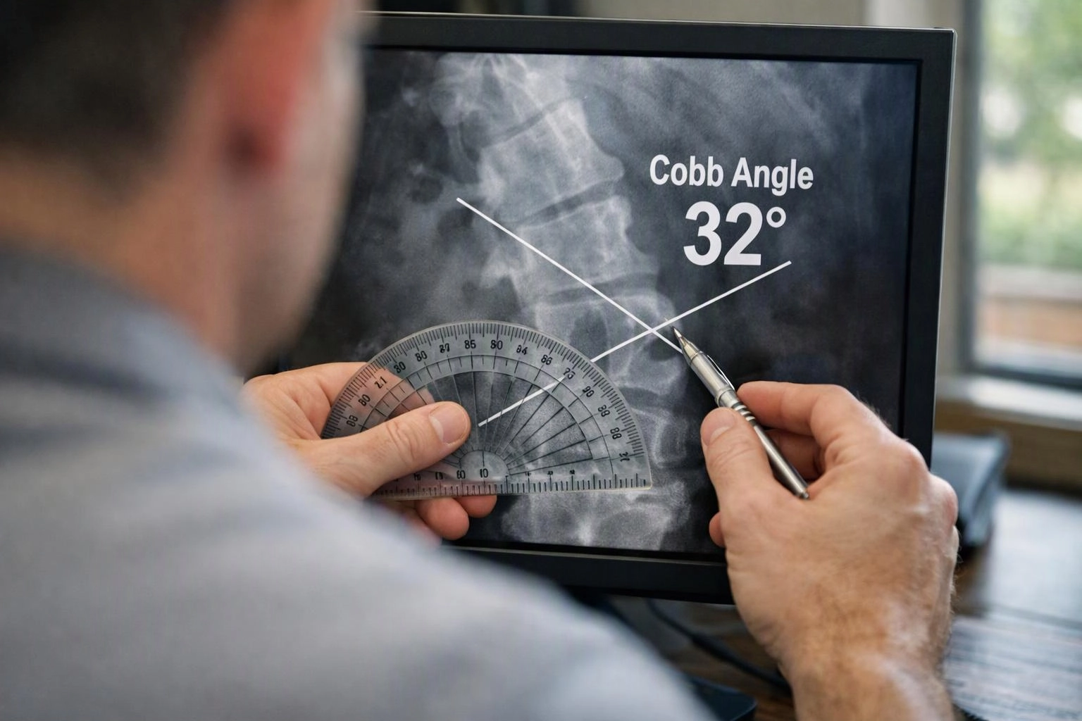 A person measures a spine X-ray on a monitor, with "Cobb Angle 32°" shown on screen