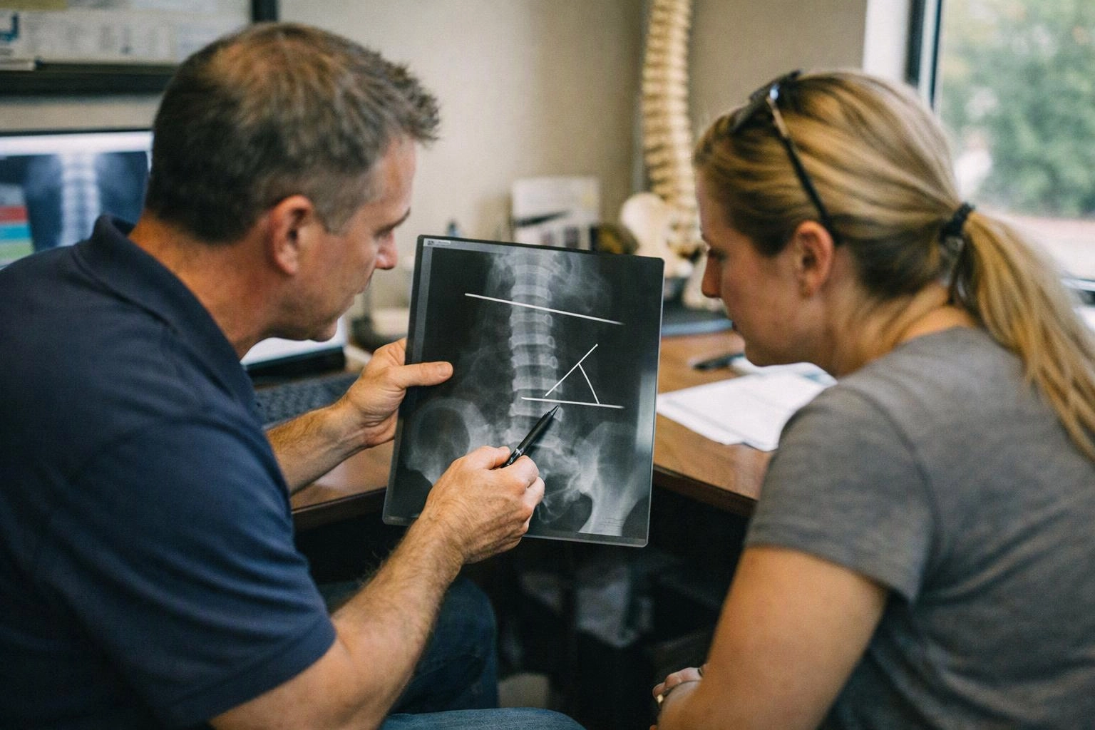 A man points at a spine X-ray while speaking to a woman across a desk in a clinic office