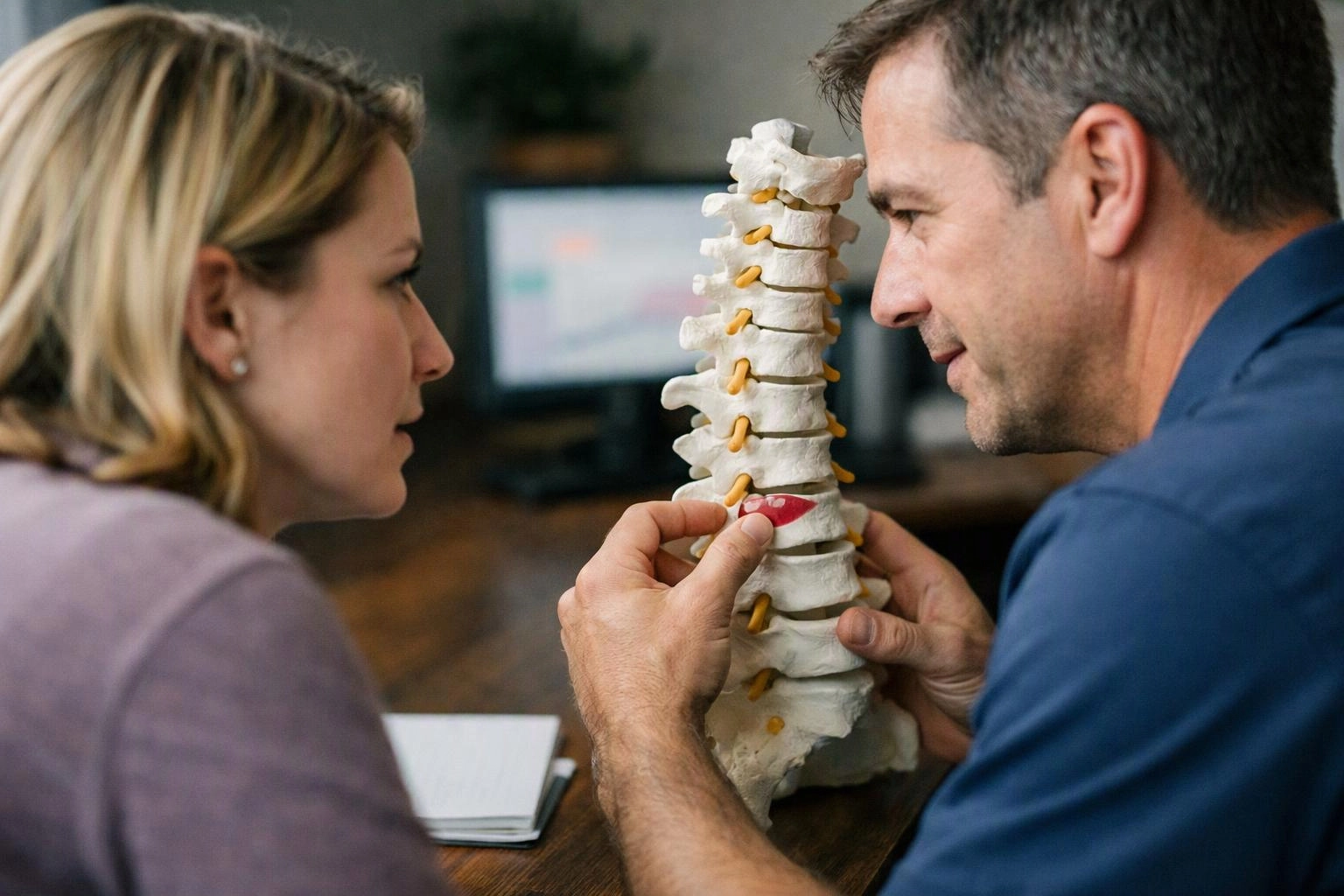 A man and woman examine a spine model at a desk, with a computer screen blurred behind them