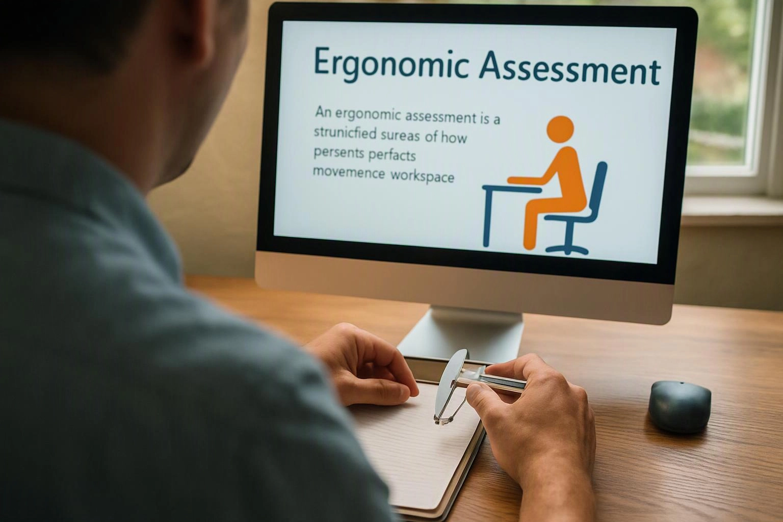 A person sits at a desk studying an “Ergonomic Assessment” slide on a computer screen while holding eyeglasses