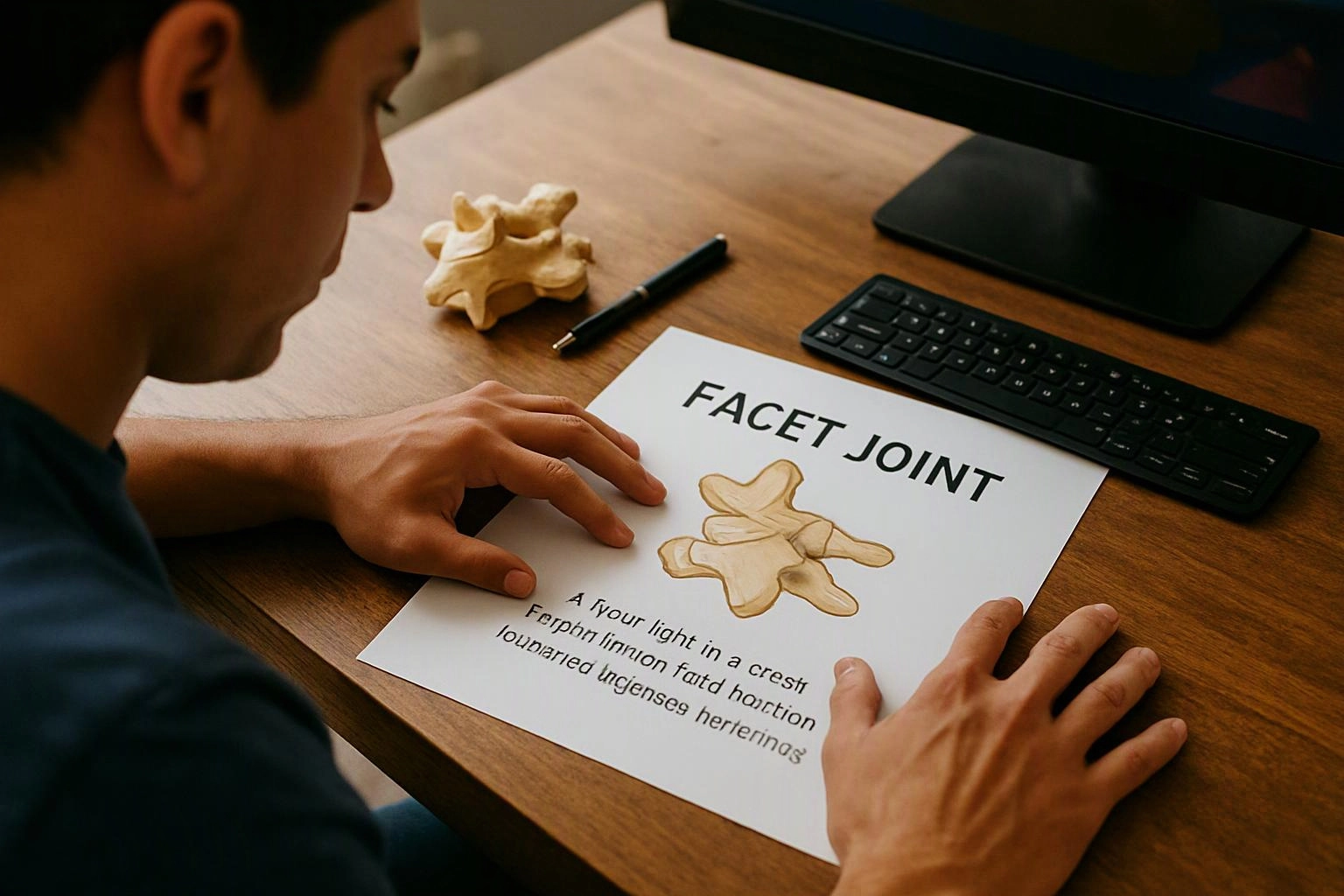 A person studies a page labeled “FACET JOINT” beside a keyboard and spine model on a wooden desk