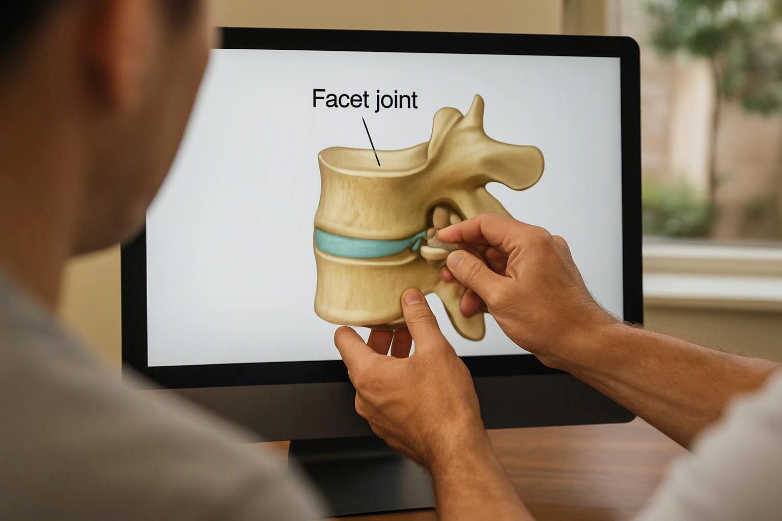 A person points at a spine model on a monitor labeled “Facet joint” in a bright room