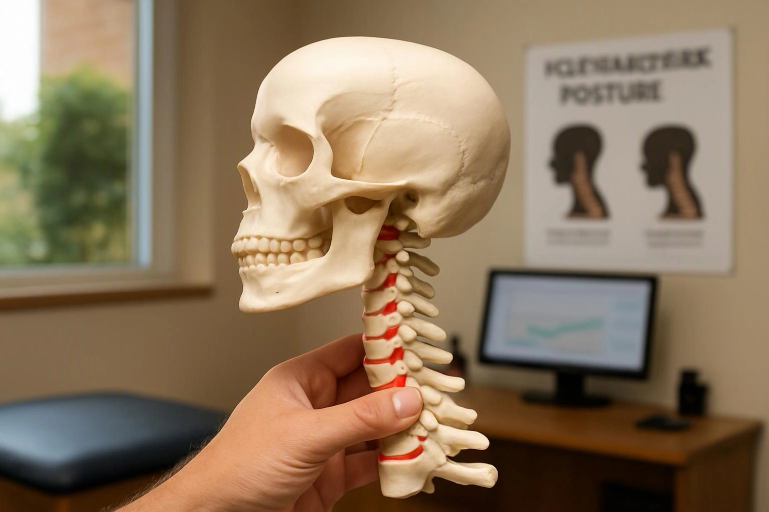 A hand holds a skull and neck skeleton model in a clinic room with a posture poster and computer screen