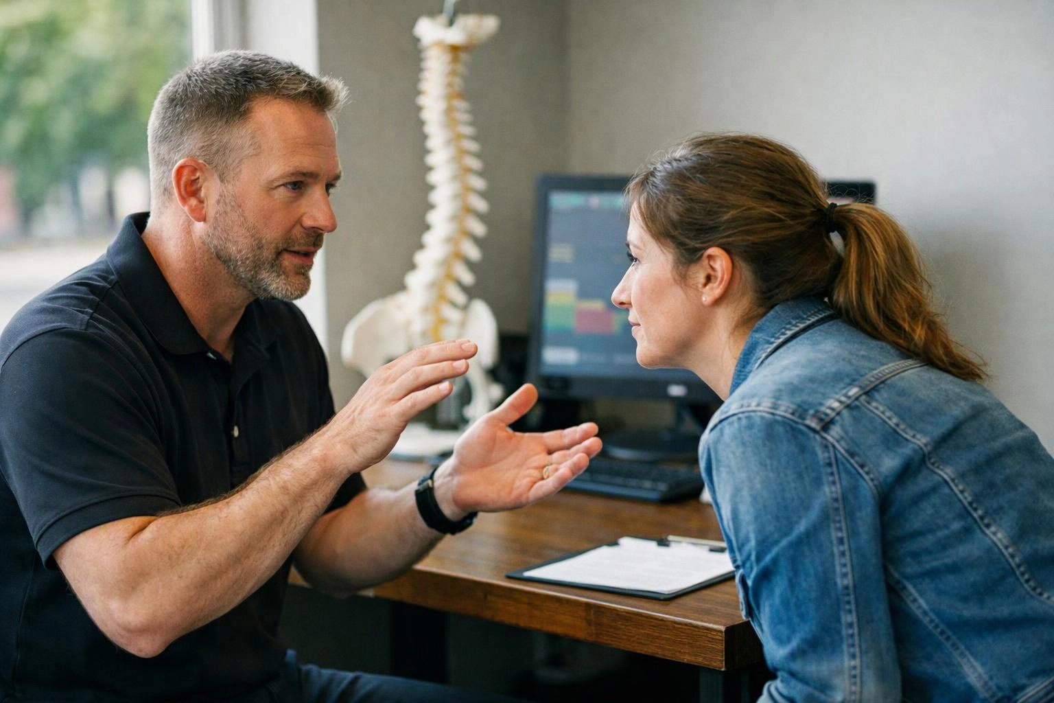 A man gestures while speaking to a woman across a desk in a clinic office
