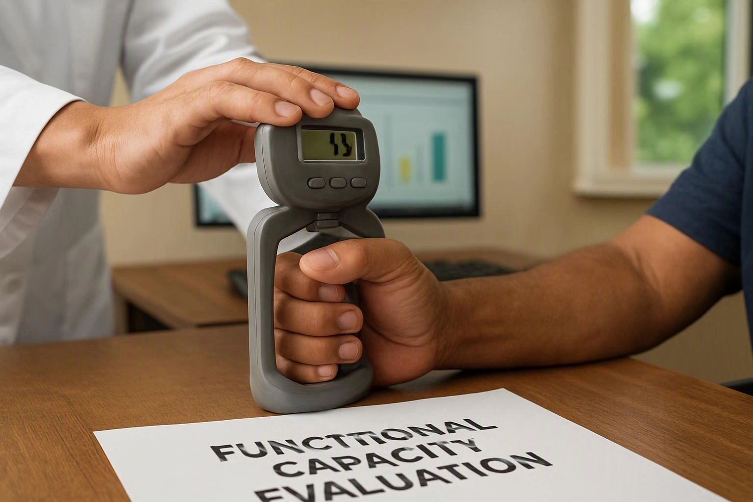 A hand steadies a grip dynamometer while another holds it, with “FUNCTIONAL CAPACITY EVALUATION” on the desk