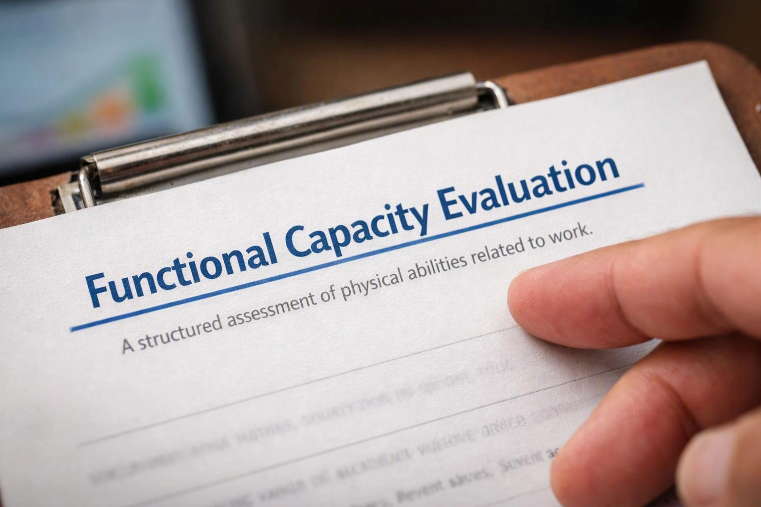 A hand holds a clipboard with a form titled “Functional Capacity Evaluation” in close-up