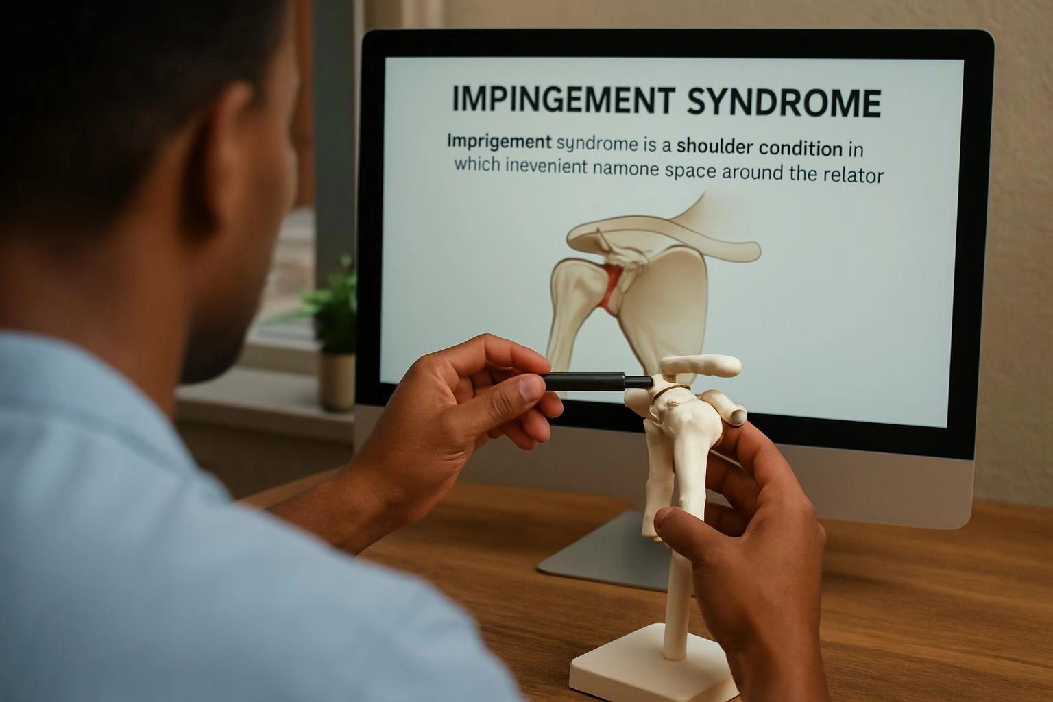 A person studies a shoulder model beside a computer showing an impingement syndrome diagram