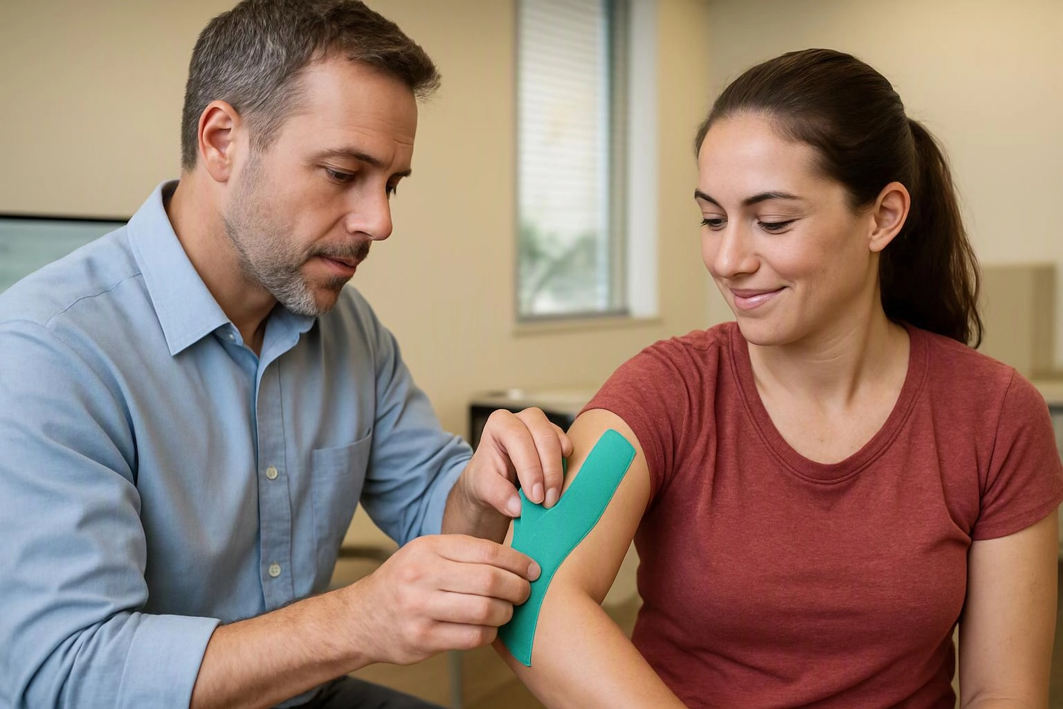 A man applies a teal kinesiology tape strip to a woman’s upper arm in a clinic room